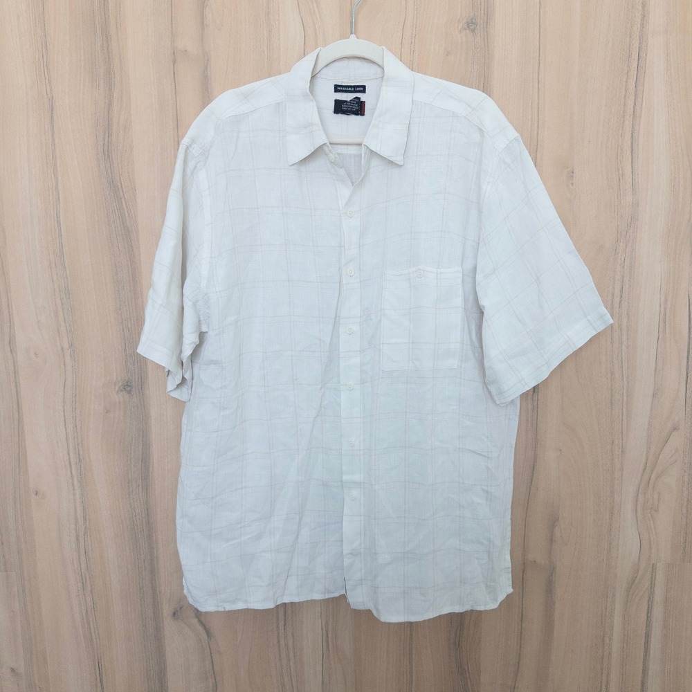 Utopia Mens Linen Button Down Shirt XL Cream Washable Short Sleeve Resort Preppy